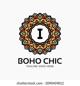 letter I boho chic round decoration vintage color mandala vector logo design element