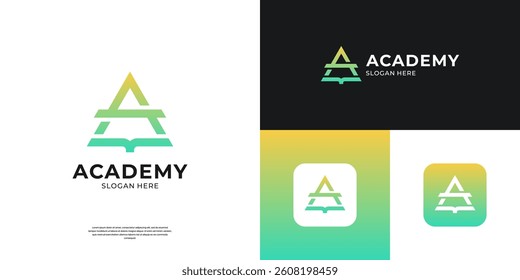 Letter A with book logo design. Modern symbol for university, school and academy logo.
