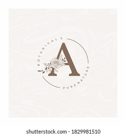 Brief A Botanische Blumen. Initial Wedding Monogram Font Logo. Circle Floral Rose Logo