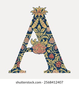 Letter A botanical pattern font, inspired by William Morris illustration isolated on white, vector. Vintage illustration. Vintage font artwork element by William Morris, old art illustration vector.