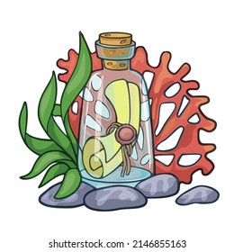 Letter in the bottle among corals and algae isolated on white background. Icon of sea pirates treasure. Cartoon vector illustration.