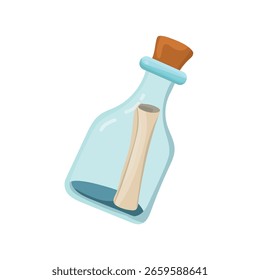 Carta en una botella. Clipart de Vector plano, ilustración con fondo aislado.