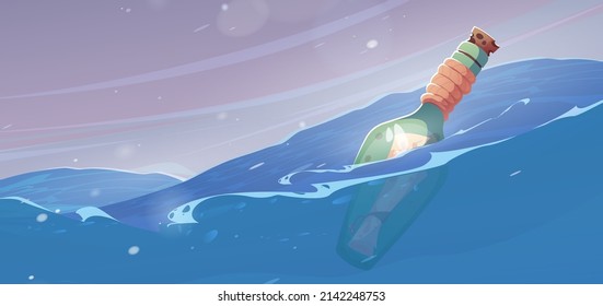 Letter in bottle floating in sea. Vector cartoon illustration of paper message from castaway, lost after shipwreck or pirate. Bottle with cork and parchment scroll inside on ocean waves at storm