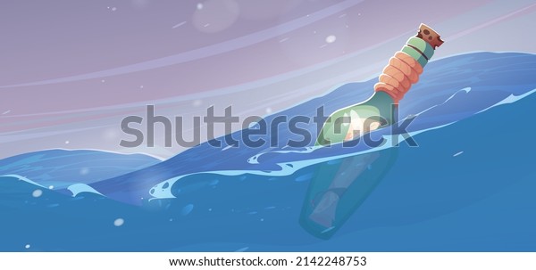Letter in bottle floating in sea. Vector cartoon\
illustration of paper message from castaway, lost after shipwreck\
or pirate. Bottle with cork and parchment scroll inside on ocean\
waves at storm
