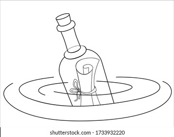 A letter in a bottle floating in water - vector linear picture for coloring. Bottle mail - a closed bottle with a scroll tied with a ribbon inside it and circles on the water. Outline.