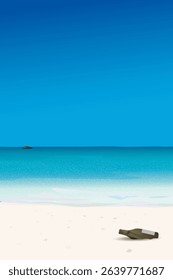 A letter in a bottle of liquor at white sand beach and tropical blue sea have blue sky vertical background graphic illustration.