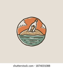 letter in a bottle, in the middle of a sand island. vintage beach print. tee graphic design