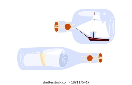 Letter in a bottle and ship in glass flask isolated on white background. Flat Art Vector Illustration