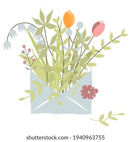 A letter with a bouquet of flowers and leaves. Vector illustration of a floral bouquet for invitations and greeting cards.