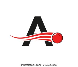 Letter A Bowling Logo. Bowling Ball Symbol With Red Moving Ball Vector Template