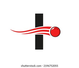 Letter I Bowling Logo. Bowling Ball Symbol With Red Moving Ball Vector Template