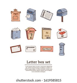 Letter box hand drawn doodle set. Vector illustration. Isolated elements on white background. Symbol collection.