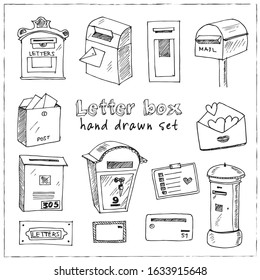 Letter box hand drawn doodle set. Vector illustration. Isolated elements on white background. Symbol collection.