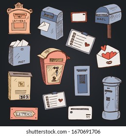 Letter box hand drawn doodle set. Vector illustration. Isolated elements on white background. Symbol collection.