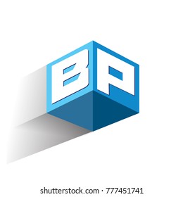Letter BP logo in hexagon shape and blue background, cube logo with letter design for company identity.
