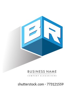 Letter BR logo in hexagon shape and blue background, cube logo with letter design for company identity.
