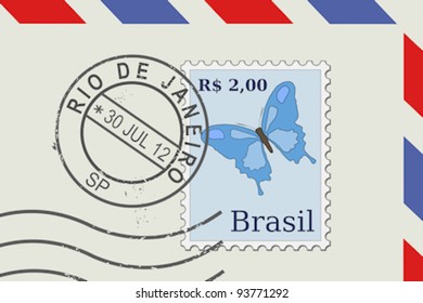 Letter from Brazil - postage stamp and post mark from Rio De Janeiro. Brazilian mail.