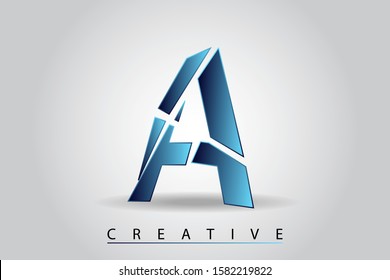 A letter with broken glass effect. Blue shattered letter with falling pieces vector illustration for logo, monogram, label, cover, emblem, company name, glass business, firm sign or web page design.