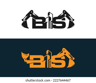 Letter BS Building With Excavator and skid steer Logo Design Concept. Creative Excavators, Construction Machinery Special Equipment Vector Illustration.