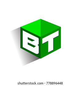 Letter BT logo in hexagon shape and green background, cube logo with letter design for company identity.
