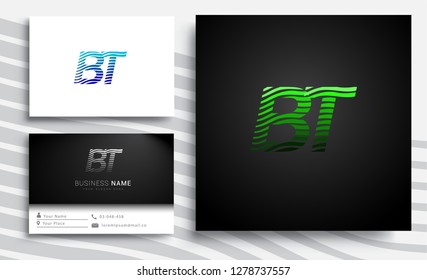 Letter BT logotype with colorful circle, with striped composition letter, sets of business card for company identity, creative industry, web.