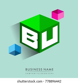 Letter BU logo in hexagon shape and green background, cube logo with letter design for company identity.
