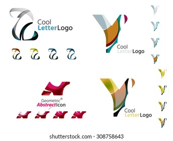 Letter business emblems, icon set. Design made of abstract overlapping geometric flowing shapes