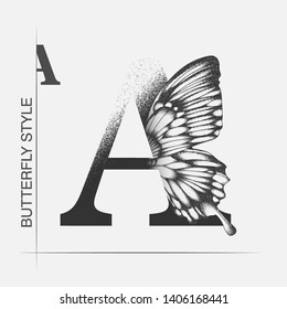 Letter A with butterfly silhouette. Monarch wing butterfly logo template isolated on white background. Calligraphic hand drawn lettering design. Alphabet concept. Monogram vector illustration. EPS 10