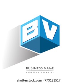 Letter BV logo in hexagon shape and blue background, cube logo with letter design for company identity.
