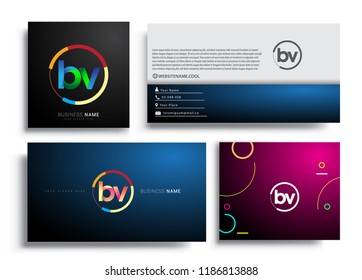 Letter BV logotype with colorful circle, letter combination logo design with ring, sets of business card for company identity, creative industry, web, isolated on white background.