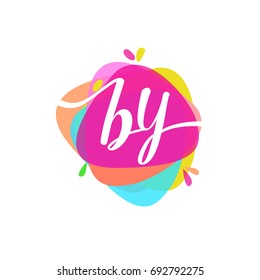 Letter BY logo with colorful splash background, letter combination logo design for creative industry, web, business and company.