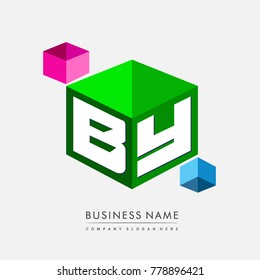 Letter BY logo in hexagon shape and green background, cube logo with letter design for company identity.
