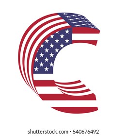 Letter C from 3d with American flag texture wrapped. Volume USA vector font