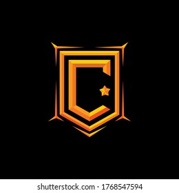 Letter C In 3d Effect With Hexagonal Frame. Gold Embossed Color. Military, Gaming, Sport, Hobby Source Of Initial, Logo, Bagde And Or Identity. Vector Image.