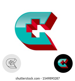 Letter C 3D  logo with medical cross or plus sign in a center.