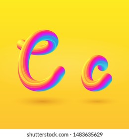 Letter C 3D vector. Liquid gradient shape on yellow background. Colorful hand draw alphabet for branding, logo, a set of words. Festive typography, childrens alphabet, uppercase letters