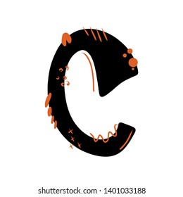 Letter C - abstract vector black font with orange dots, stripes, lines, spots. Abc, alphabet isolated on white background. Perfect illustration for your design - print, poster, card, logo, label
