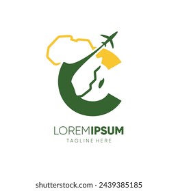 Letter C African Continent Map with Airplane for Travel Logo Design Vector Icon Symbol Graphic Illustration