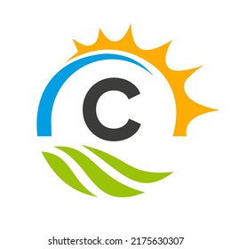 Letter C Agriculture Logo Vector Template. Agriculture Logo Concept with Green Field and Bright Sun Element