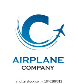 Letter c with airplane logo template illustration. suitable for transportation, brand, travel, agency, web, label, network, marketing etc