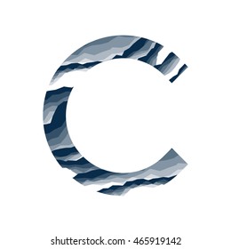 The letter C, in the alphabet abstract background marble, bark, mountain, stone layer  set dark blue shade color isolated on white background