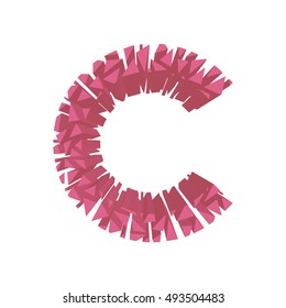 The letter C, in the alphabet broken 3d perspective set pink color isolated on white background