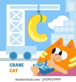 Letter C. Alphabet, card with cute cartoon style characters. Cat and Crane. ABC. Education for children. Preschool activity. Vector illustration.
