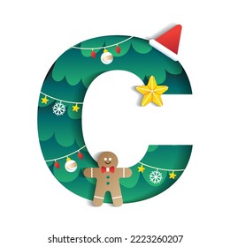 Letter C Alphabet Font Cute Merry Christmas Concept Gingerbread Man Star Christmas Hat Christmas Tree Character Font Christmas Element Cartoon Green 3D Paper Layer Cutout Card Vector Illustration