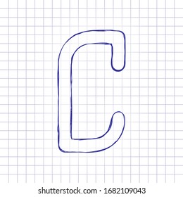 Letter C of alphabet, isolated outline symbol. Hand drawn picture on paper sheet. Blue ink, outline sketch style. Doodle on checkered background