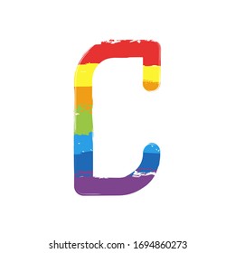Letter C of alphabet, isolated outline symbol. Drawing sign with LGBT style, seven colors of rainbow (red, orange, yellow, green, blue, indigo, violet