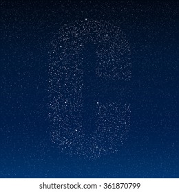Letter C alphabet with shiny stars, glitters, dots, points on the dark blue night sky. Letters for party, birthday, anniversary or festive. Shining font, type, typeset of sparkles. Vector template.