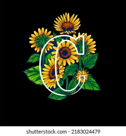 Letter C in Alphabet With Summer Themed Sunflower Illustration