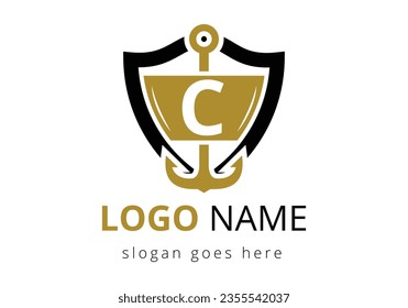 letter C with Anchor Logo Design Template. Marine, Sailing Boat Logo