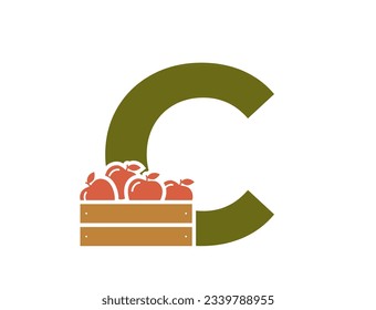 letra c con caja de manzanas. símbolo del logotipo del alfabeto de frutas. diseño de cosecha y jardinería. imagen vectorial aislada